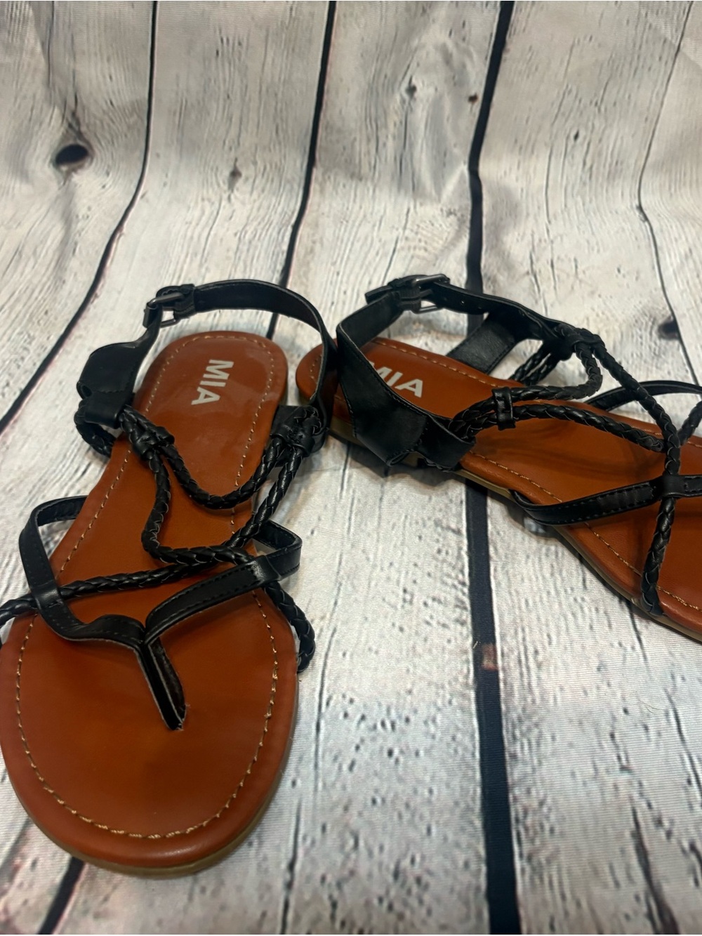MIA Black Braided-Strap Leatherette Women's Sandals with Tan Footbed